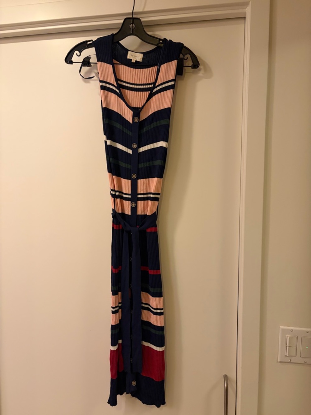 MELLODAY Navy, Pink and Red Striped Strapless Knit Dress